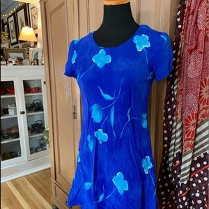 🌼 Stunning Rich Blue & Turquoise Silk Spring Tulip Floral Print Mini Dress